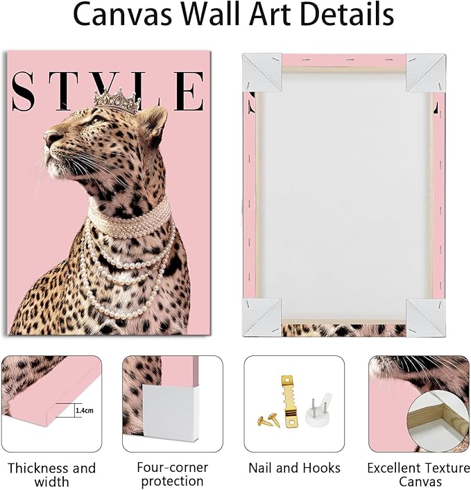 WENGTIAO 3Pcs Pink Leopard Canvas Wall Art Fashion Cheetah Paintings Prints Lucky Skateboard Pictures Boots Martini Posters Decor Coquette Preppy Aesthetic Artwork for Living Room Bedroom 12x16x3 inch