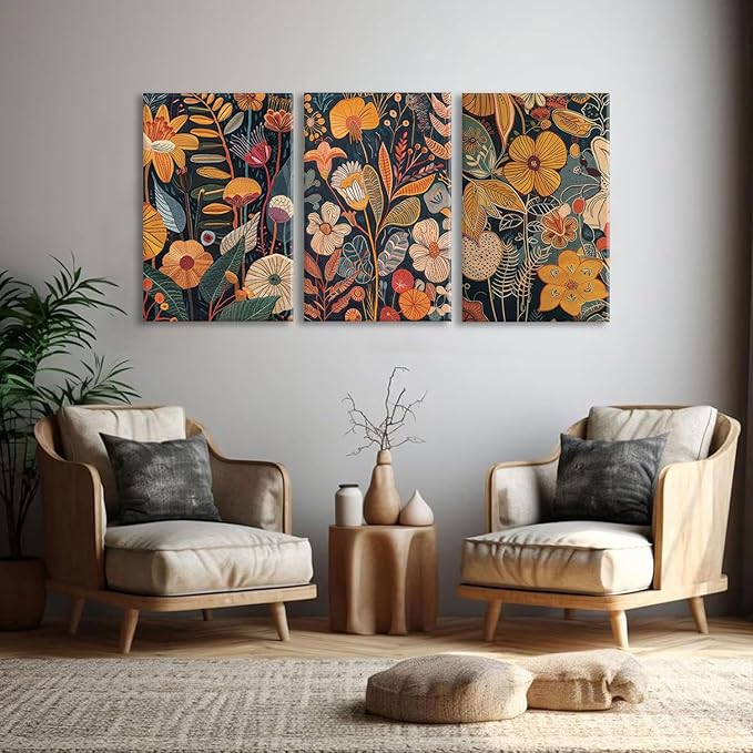 TBKHUDBI Burnt Orange Floral Canvas Wall Art,Mid Century Modern Wall Decor,Boho Terracotta Flower Picture Prints Poster Painting Artwork Set Of 3 For Living Room Bedroom Office 16X24 Framed