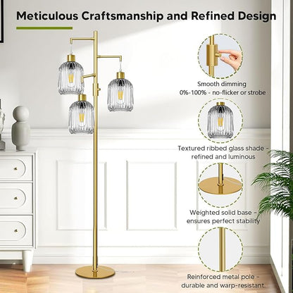 Modern Standing Lamps for Living Room, Floor Lamp with Clear Ribbed Glass Shade, Dimmable Tree Lamp Standing Lamp, Mid Century Tall Lamps with 3×600LM LED Bulbs