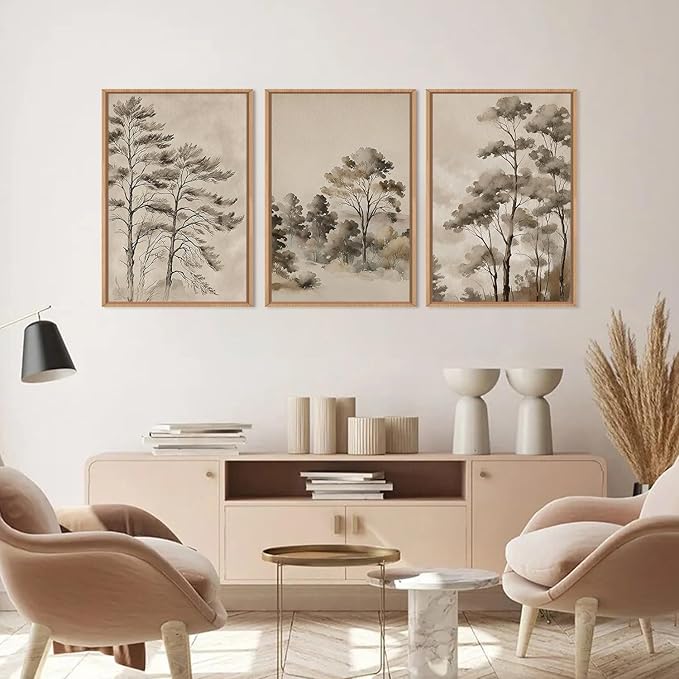 Vintage Sketch Trees Framed Canvas Wall Art Set,Watercolor Ink Nature Forest Landscape Wall Decor,Modern Birch Tree Branch Calm Painting for Living Room,Bedroom-24 x36 x3
