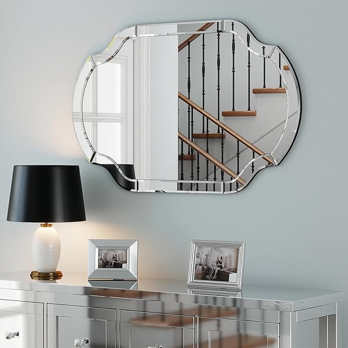 Large Mirror for Wall Decor, 40"x28" Decorative Living Room Mirrors with Scalloped Corner, Beveled Bathroom Mmirror for Entryway, Dining Room, Mantel, Hang Horizontally or Vertically
