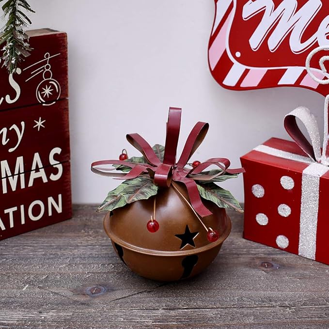 Large Christmas Jingle Bell Decoration, 4.5 X 5.5 Inch Rustic Red Jingle Bell Hanging Christmas Tree Bell Ornament Metal Star Cutout Xmas Holiday Decor, Party and Festival Decoration (Bell C)