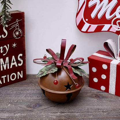 Large Christmas Jingle Bell Decoration, 4.5 X 5.5 Inch Rustic Red Jingle Bell Hanging Christmas Tree Bell Ornament Metal Star Cutout Xmas Holiday Decor, Party and Festival Decoration (Bell C)