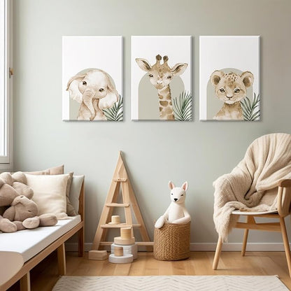 Nursery Animal Wall Art Decor Safari Jungle Nursery Pictures Baby Boy Room Canvas Wall Decor Woodland Animals Prints Safari Giraffe Artwork for Boys Kids Bedroom 16x24 Inch Wrapped Canvas Set of 3