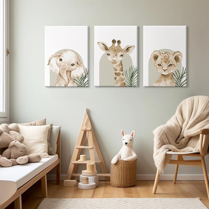 Nursery Animal Wall Art Decor Safari Jungle Nursery Pictures Baby Boy Room Canvas Wall Decor Woodland Animals Prints Safari Giraffe Artwork for Boys Kids Bedroom 12x16 Inch Wrapped Canvas Set of 3
