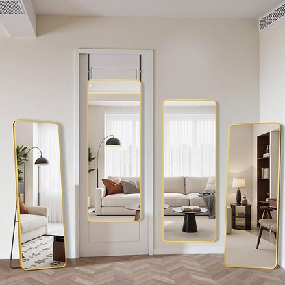 Suidia Full Length Mirror Over the Door&Wall Mounted, 48"x14" Door Mirror with Aluminum Alloy Frame, HD Shatterproof, No-Drill, Hanging Mirrors for Bedroom, Bathroom, Dorm, Closet, Rounded Rect, Gold