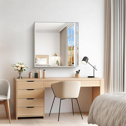 COFENY Silver Bathroom Mirror for Wall, 30x30 Inch Rectangle Mirrors with Metal Frame, Modern Vanity Wall Mirror Decor for Bathroom Living Room, Entryway Hangs Horizontal or Vertical