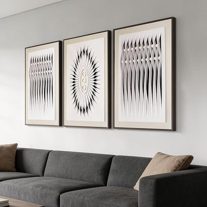 3D Textured Framed Abstract Wall Art for Bedroom, 3 Piece Modern Geometric Artwork for Walls, Black White Sandstone Texture Minimalist Pictures for Meditation Room Office Decor, 16x24 In