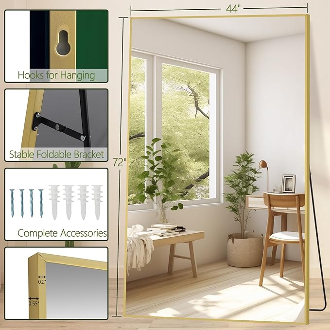 MELOMOIR Full Length Mirror, 44"x72" Oversized Floor Mirror Freestanding, Large Full Body Mirror for Bedroom Living Room Home Gym, Gold Mirror Full Length with Tempered Glass, Wall Mirror Full Length