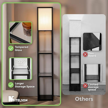 Floor Lamp with Shelves, Modern Square Standing Lamp with Glass Shelves, Corner Display Shelf with Light, Tall Lamp with Shelves for Living Room, Bedroom, Office, Bookshelf, Black