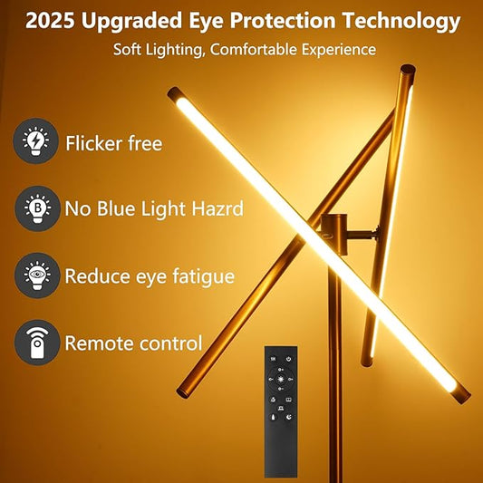 LED Dimmable Floor Lamp with Remote & Foot Switch, 2700–6000K Adjustable Color Temperature & Stepless Dimming, 3-Bar Linear Tall Standing Lamp, Slim Gold Corner Floor Lamp for Living Room Bedroom