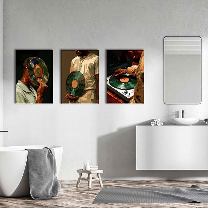 AOYUSMO 3 Piece African American Wall Art Black Men Wall Decor Fashion Music Pictures Record Canvas Art Music Studio Paintings Modern Trendy Artwork For Living Room Bedroom 16"x24"