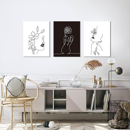 Chadow Artwork Minimalist Line Art Prints Set of 3 Abstract Women Faces Flower Wall Art Black and White Line Drawing Painting Modern Aesthetic Poster for Girls Bedroom Bathroom Living Room Decor