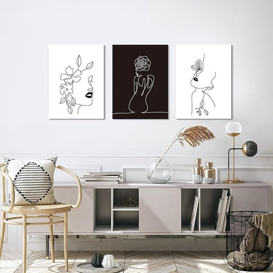 Chadow Artwork Minimalist Line Art Prints Set of 3 Abstract Women Faces Flower Wall Art Black and White Line Drawing Painting Modern Aesthetic Poster for Girls Bedroom Bathroom Living Room Decor