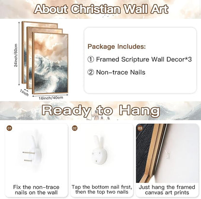 CHDITB Matthew 8:23-34 Jesus Calms The Storm Framed Canvas Wall Art(16"x24"), 3 Panels Watercolor Christian Bible Story Artwork Prints, Large Religious Faith LDS Decor for Home Office Bedroom