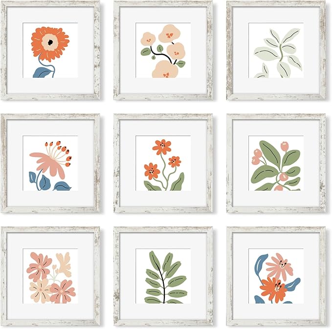 YESKAY 12x12 Picture Frame Set of 9, Photo Gallery Wall Frame Set, Display Pictures 8x8 with Mat or 12 x 12 Without Mat, Square Frame Picture Frames Collage Wall Decor, Distressed White