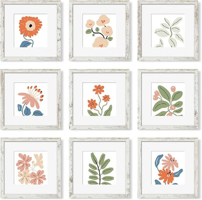 YESKAY 12x12 Picture Frame Set of 9, Photo Gallery Wall Frame Set, Display Pictures 8x8 with Mat or 12 x 12 Without Mat, Square Frame Picture Frames Collage Wall Decor, Distressed White