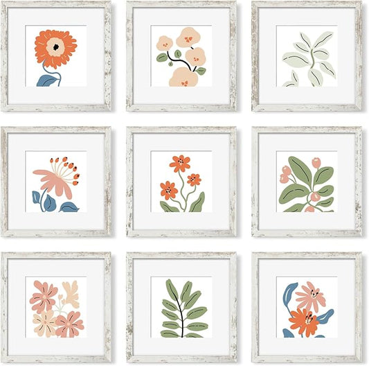 YESKAY 12x12 Picture Frame Set of 9, Photo Gallery Wall Frame Set, Display Pictures 8x8 with Mat or 12 x 12 Without Mat, Square Frame Picture Frames Collage Wall Decor, Distressed White