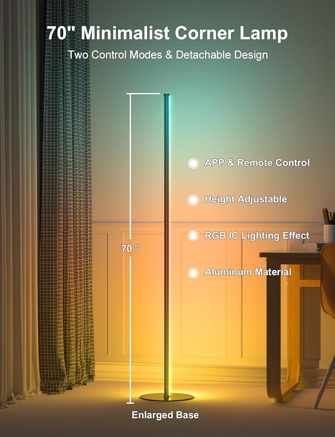 Eastfine Corner Floor Lamp 70", Upgraded RGB LED with Remote Control, App Control with 16 Million Colors and Dynamic Modes, Music Sync Timing, Ambient Lighting for TV Living Room Bedroom Gaming