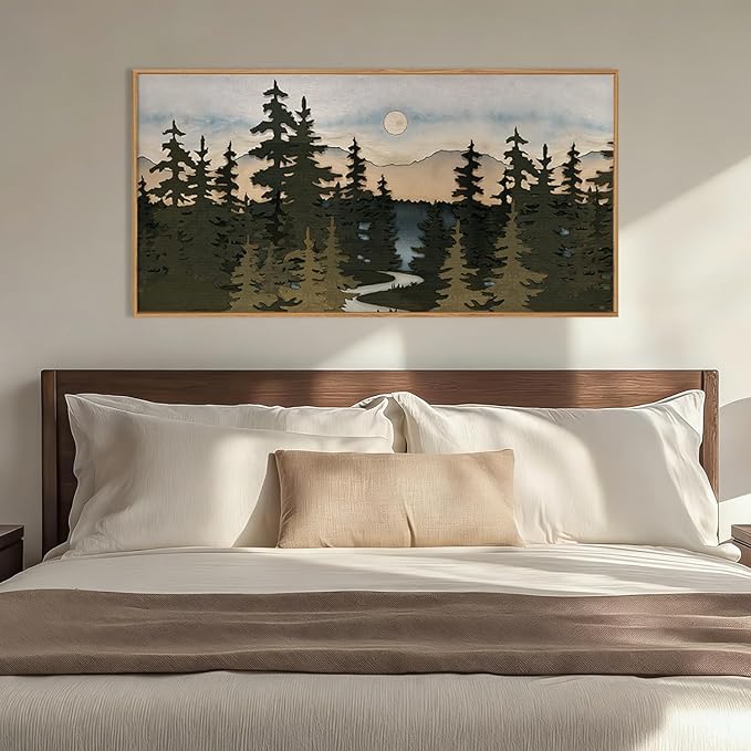 HPNIUB Woodcut Style Mountain Framed Wall Art Set,Vintage Pine Tree Wall Decor,Boho Sunset Nature Art Print,Wilderness Forest Artwork for Living Room, Bedroom,Dining Room,Office-20 x40