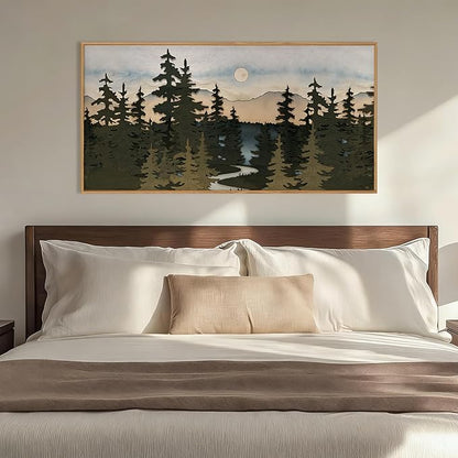 HPNIUB Woodcut Style Mountain Framed Wall Art Set,Vintage Pine Tree Wall Decor,Boho Sunset Nature Art Print,Wilderness Forest Artwork for Living Room, Bedroom,Dining Room,Office-20 x40