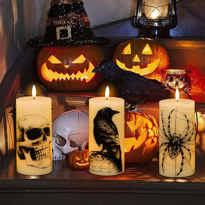 Halloween Flameless Candles Battery Operated with Remote and Timer, Real Wax 3D Wick LED Flickering Pillar Candles Skull Crow Spider Web Decals Dinner Halloween Decor(3 Pack, 3" D x 6" H)