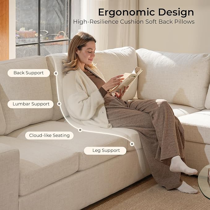 ELUCHANG 113" V-Shaped Modular Sectional Sofa Couch, Modern 4-Seat Comfy Linen Deep Seat Sofa with Corner, Removable Cover, Easy Assembly, Large Sofas & Couches for Living Room, Office, Beige