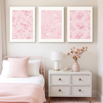 Pink Floral Wall Art Chinoiserie Flower Wall Decor Pictures Aesthetic Canvas Wall Art Love Shack Fancy Poster Vintage Floral Prints for Living Room Bedroom 12x16 Inch Framed Set of 3
