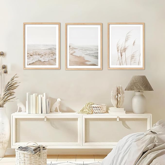 HDXUFJQ Neutral Beach Coastal Wall Art Beach Boho Botanical Pampas Grass Posters Minimalist Nature Landscape Canvas Wall Decor Summer Ocean Prints Waves Pictures Artwork Unframed(12x16 inch)