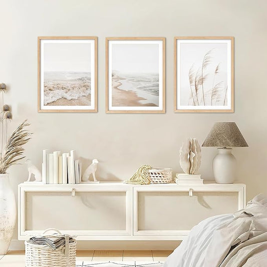 HDXUFJQ Neutral Beach Coastal Wall Art Beach Boho Botanical Pampas Grass Posters Minimalist Nature Landscape Canvas Wall Decor Summer Ocean Prints Waves Pictures Artwork Unframed(12x16 inch)