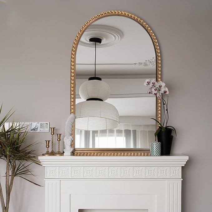 BAODANFU Traditional Wall Mirror Vintage Gold, 24" x 40" Tall Narrow Arch Antique Beaded Frame Decorative Accent Vanity Wall Decor, Arched Vertical Mirrors for Bathroom, Living Room, Entryway