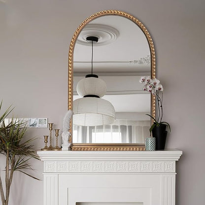 BAODANFU Traditional Wall Mirror Vintage Gold, 24" x 40" Tall Narrow Arch Antique Beaded Frame Decorative Accent Vanity Wall Decor, Arched Vertical Mirrors for Bathroom, Living Room, Entryway