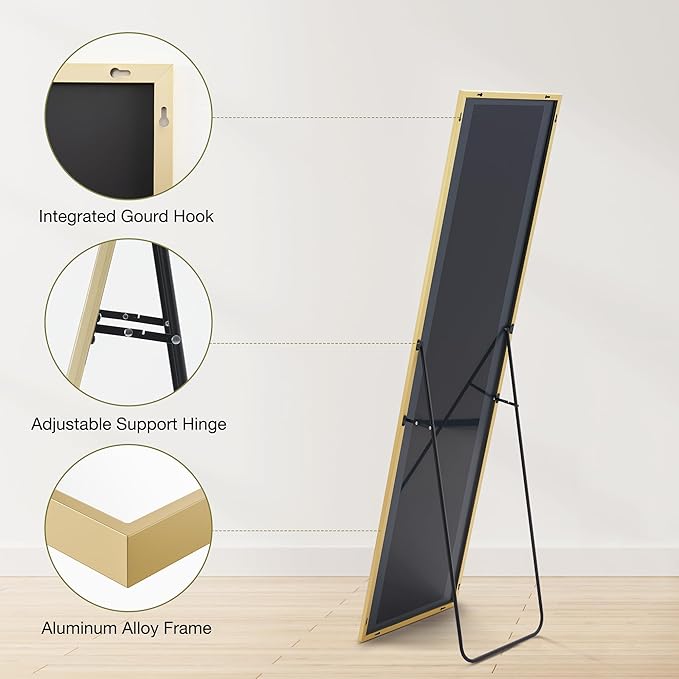 DUMOS Gold Full Length Mirror 59"x16.5" Full Body Floor Mirror for Bedroom or Cloakroom, Can Stand Alone, Hang or Lean Against Wall, Tall Wall Mirror with Stand and Sleek Aluminum Alloy Thin Frame