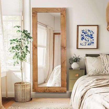 Full Length Mirror 65"x24" – Solid Wood Frame, HD Tempered Glass, Wall Mounted & Leaning, Rustic Modern Decor for Bedroom, Living Room, Entryway, Light Brown