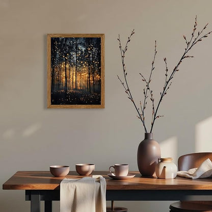 JLTULT Framed Enchanted Forest Firefly Canvas Wall Art, Dark Twilight Landscape Wall Decor, Rustic Botanical Nature Tree Art Prints for Bedroom Living Room Office Decoration 8x10 inch Easy to Hang