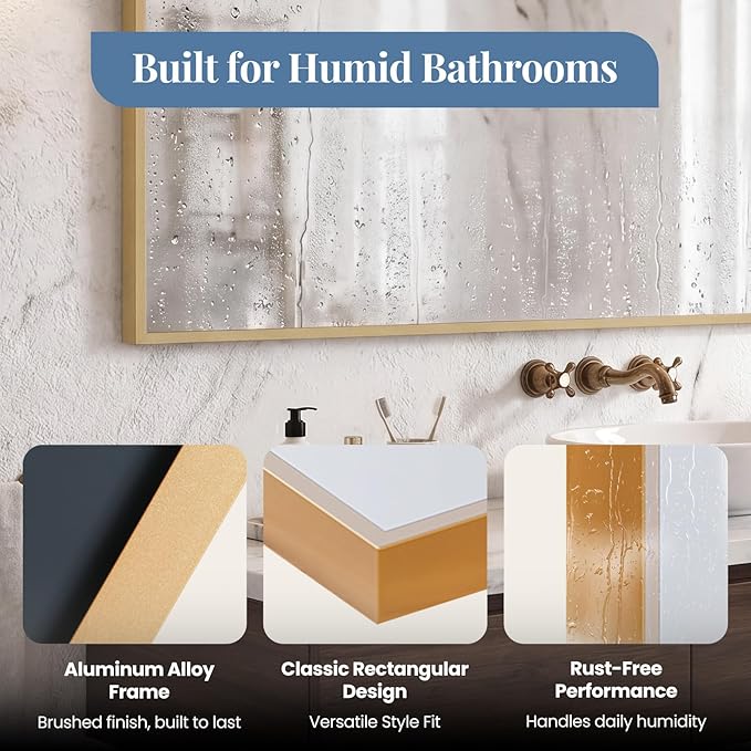 NEWBULIG 30" x 40" Gold Rectangle Bathroom Mirror for Wall, Morden Wall Mirror with Metal Frame, Tempered Glass, Vanity Mirror for Over Sink, Entryway, Living Room, Anti-Rust, Horizontal or Vertical