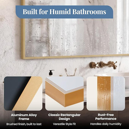 NEWBULIG 30" x 40" Gold Rectangle Bathroom Mirror for Wall, Morden Wall Mirror with Metal Frame, Tempered Glass, Vanity Mirror for Over Sink, Entryway, Living Room, Anti-Rust, Horizontal or Vertical