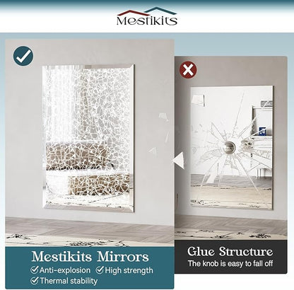 Frameless Bathroom Mirrors for Wall, 48"x32" Beveled Bathroom Mirror for Vanity, Wall Mount Mirror for Bedroom Entryway Living Room Hangs Horizontally or Vertically