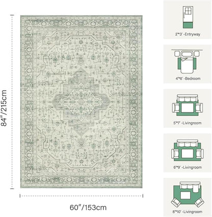 Rugxara 5X7 Washable Area Rug for Living Room, Vintage Large Boho Rugs for Office, Dining Room, Kids Room, Farmhouse, Durable Low Pile Non Slip Carpet for High Traffic Areas, Sage Green