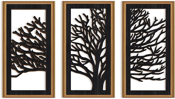 Celestdeco 3 Pcs Black Tree Wall Decor Boho Modern Nature Artwork Tree of Life Wood Wall Art Branch Silhouette Laser Art Decor for Living Room Bedroom Office 7.9 x15.8 Inch