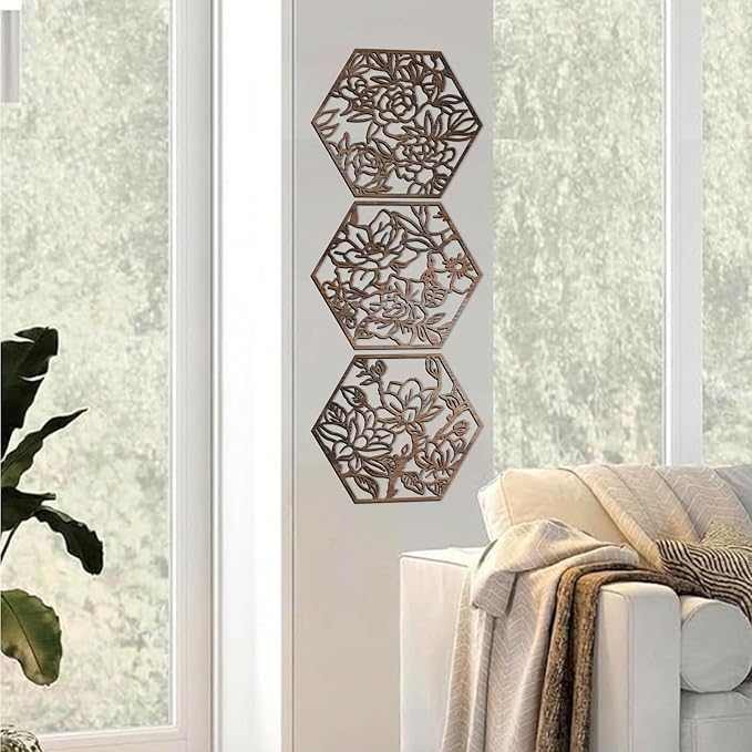 BreezeHug 6 Pcs Flowers Wooden Wall Art Decor Hexagon Hollowing out Boho Flower Sculpture Sign Ornament Modern Wooden Wall Art Decoration Hanging Set for Living Room Bedroom Farmhouse (11"x 10")