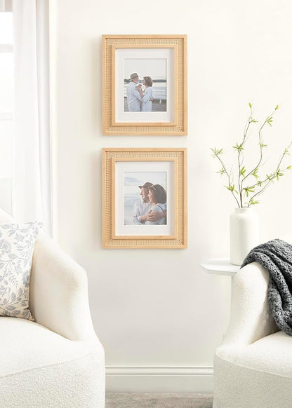 Kate and Laurel Corah Modern Faux Rattan Picture Frame Set of 2, 11 x 14 matted to 8 x 10, Natural, Boho Two-Piece Glass Photo Frame Set for Gallery Wall Design in Living Room Wall Decor