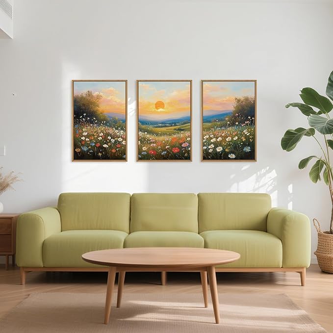 HOURIA Watercolor Spring Floral Meadow Landscape Framed Canvas Wall Art Set,Boho Vibrant Colorful Wildflower Decor,Modern Sunset Nature Inspired Scenery Artwork for Living Room,Bedroom,Farmhouse-24"x36"x3