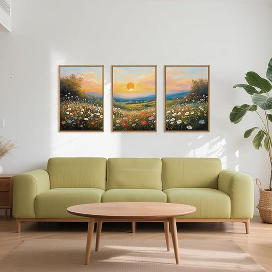 HOURIA Watercolor Spring Floral Meadow Landscape Framed Canvas Wall Art Set,Boho Vibrant Colorful Wildflower Decor,Modern Sunset Nature Inspired Scenery Artwork for Living Room,Bedroom,Farmhouse-24"x36"x3