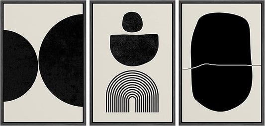 SIGNLEADER Framed Canvas Print Wall Art Set Array of Circles and Semi-Circles Abstract Shapes Illustrations Modern Art Minimalist Black and White for Living Room, Bedroom, Office - 16"x24"x3 BLACK