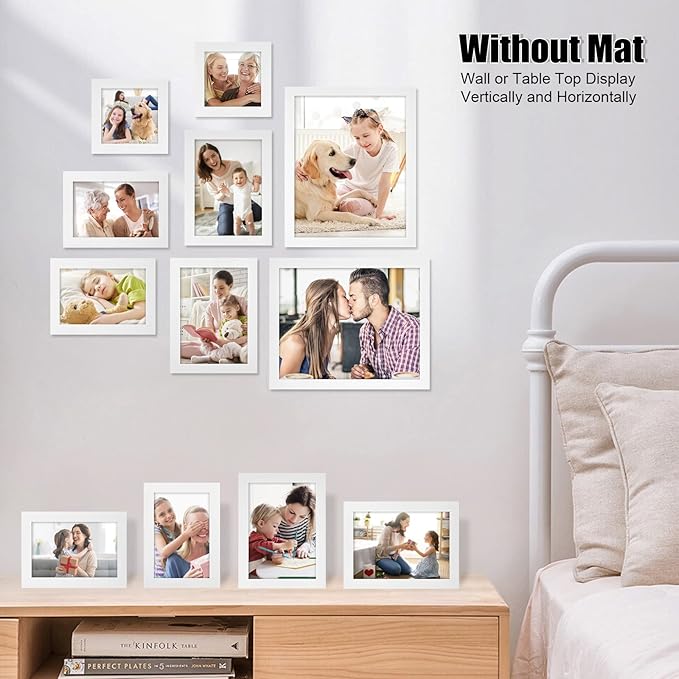 Egofine Picture Frame Set 12 Pack, Picture Frames Collage Wall Decor with Two 8x10, Four 5x7, Four 4x6, Two 4x4, Photo Frames for Wall and Tabletop, Made of Solid Wood, Covered by Plexiglass, White