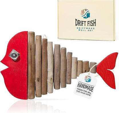 Driftwood Fish Nautical Wall Decor - Handmade Wooden Rustic Coastal Wall Art for Living Room, Bedroom, Office, Bathroom - Ocean Beach Decoration (Ruby)
