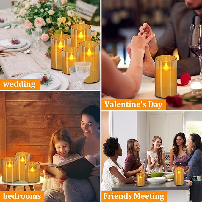 wemarry Flameless Candles 4" 5" 6" Acrylic Glass Pillars 3" Diameter Battery Operated Flickering Candles Include 8-Key Remote with Timer Function 400+ Hours (Amber, Warm Light 12 Pack)