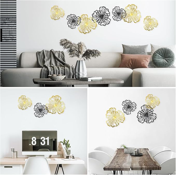 7 Piece Metal Wall Decor for Living Room, Boho Double Layered Iron Flower Wall Hanging Art, Aesthetic Indoor Metal Wall Sculpture Decor for Bedroom Kitchen Bathroom Farmhouse Home Office, Gold-Black