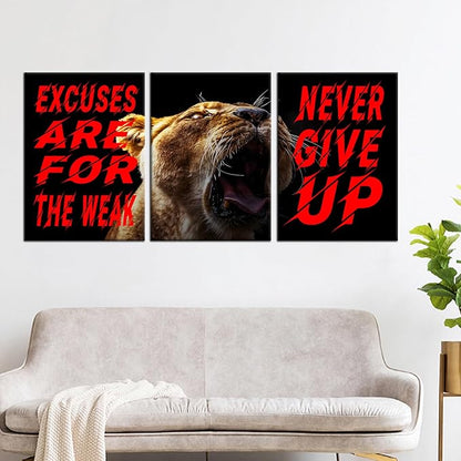 Never Give up Motivational Painting 3 Pieces Canvas Print Inspirational Office Decor Excuses Are for the Weak Inspiring Quotes Poster Framed for Wall Art Decoration Ready to Hang [60''W x 28''H]